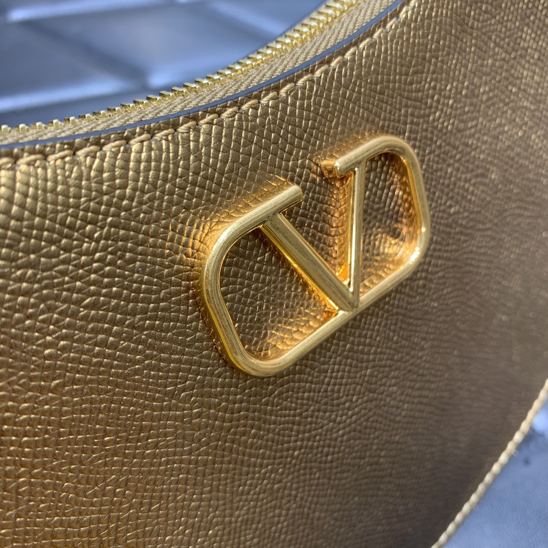 Valentino Garavani VLogo Signature Hobo Bag in Gold Grainy Calfskin Leather 